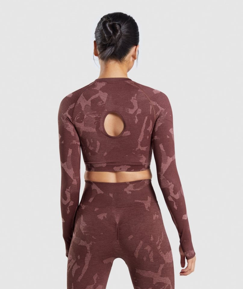 Women's Gymshark Adapt Camo Seamless Long Sleeve Cropped Tops Brown | CA 3D7165